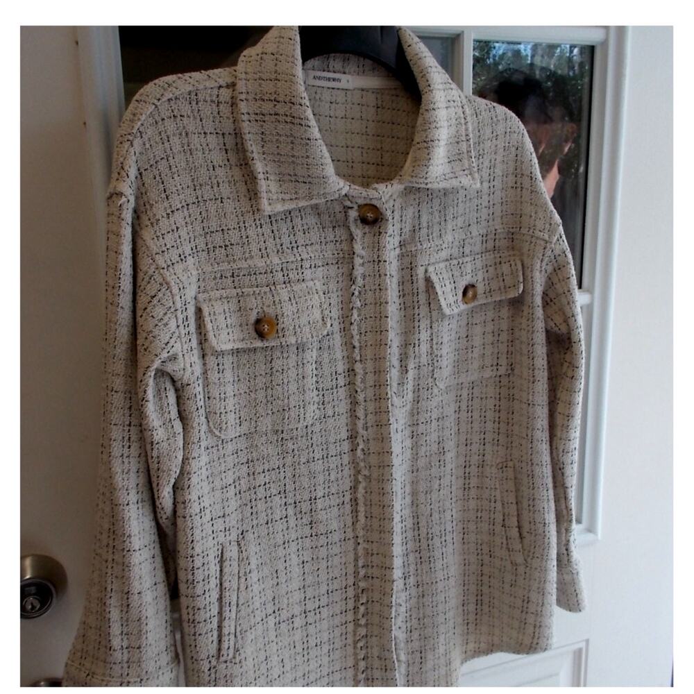 ANDTHEWHY Cream Black Tweed Shacket Oversized Button Down Shirt Jacket Small